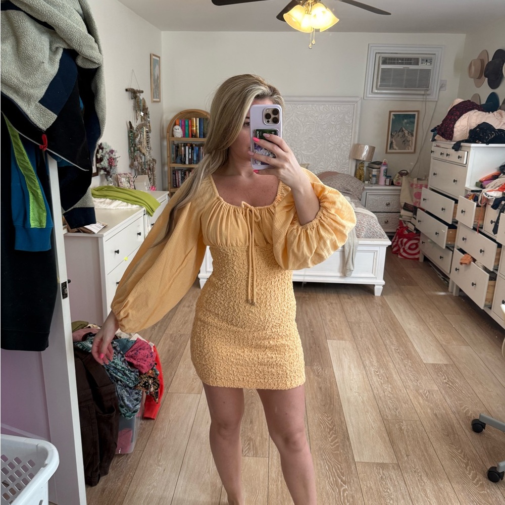 Free People Yellow Ruched Ribbed Mini Dress - Picture 2 of 6
